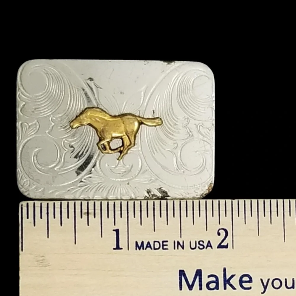 Vintage Nickel Silver Western Belt Buckle Galloping Horse Floral Engraved Small‎